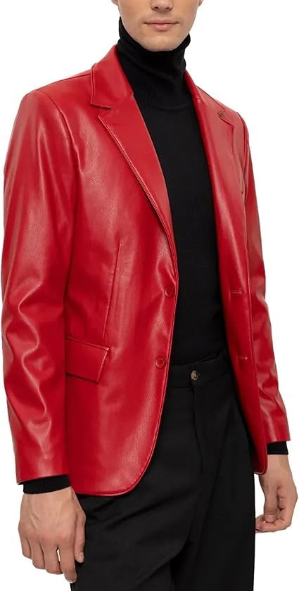chava Men's Red Faux Leather Blazer, Two-Button Notch Lapel Sport Coat, Smart Casual Style-picture-49