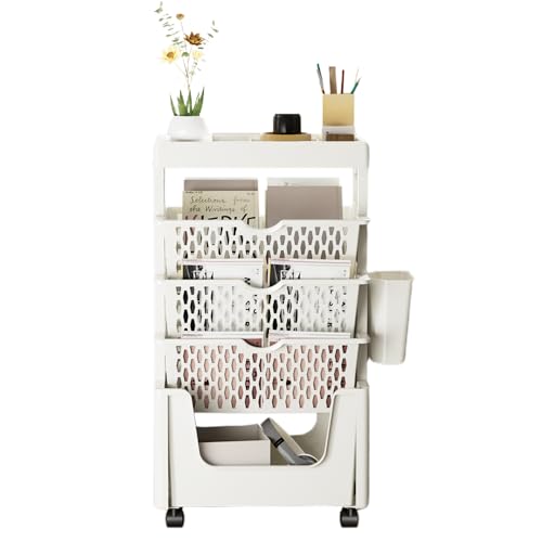 Uandhome 5 Tier Book Rack Storage Bookshelf, Removable Movable Unique Bookcase, Utility Organizer White Bookshelves Cart with Wheels for Students Study in Living Room Home Classroom School