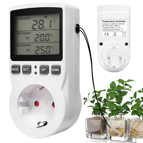 Temporizador De Toma De Termostato-230 V Enchufe con Termostato Pantalla LCD, Enchufe Termostato con Temporizador Y Sonda, Termostato De Enchufe para Invernadero, Terrario, Calefacción, Refrigeración