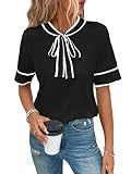 Floerns Women's Contrast Binding Short Sleeve Tie Neck Elegant Shirt Blouse Black and White Medium