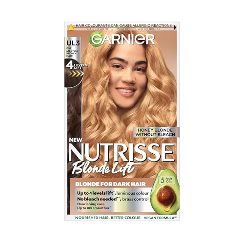 Garnier Nutrisse Blonde Lift Hair Dye, Vegan, UL3 Honey Blonde Lift. For 100% grey coverage and 4 levels of lift. No-ammonia, vegan for warm, sun-kissed honey blonde tones and radiant results.