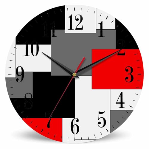 Paneling Pattern Wall Clock Abstract Geometric Block Red Black Gray White 10 Inch Silent Non Ticking Battery Operated Clock Vintage Round Clock for Living Room Bedroom Bathroom Office Decor