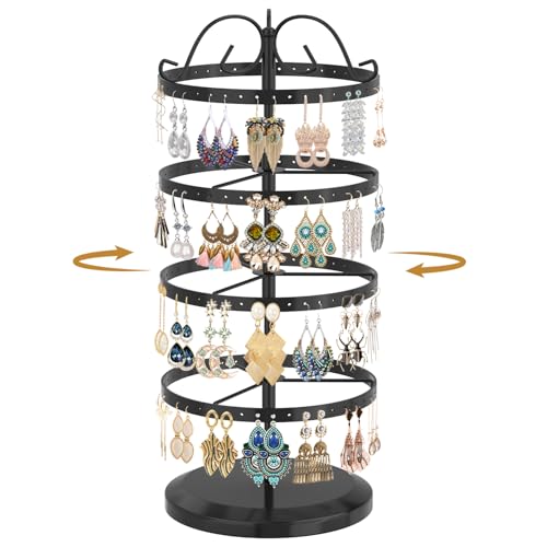 Image of MODOWEY 4 Tiers Metal Rotating Earring Holder Organizer Stand Adjustable Display Tree, 176 Holes Large Carousel Rack for Stud Hoop Pierced Dangling Women, Idear View for All Earrings, Black
