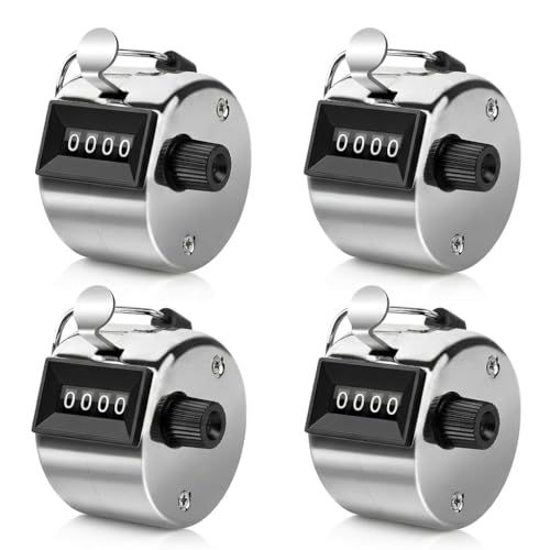 QingCming Lot de 4 Compteurs Manuels Mécaniques à 4 Chiffres avec Crayon, Compteur à Clic en Acier Inoxydable, Compteur de Rangs, Compteur de Personnes, Golf, Tricot, Sport, Comptage Jusqu’à 9999