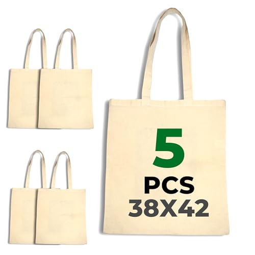 LYRVON 5er | 10er Pack PREMIUM Baumwolltasche 38 x 42 cm Stofftaschen zum bemalen oder Besticken Stoffbeutel mit Langen Henkeln Unbedruckt (5 Beige)
