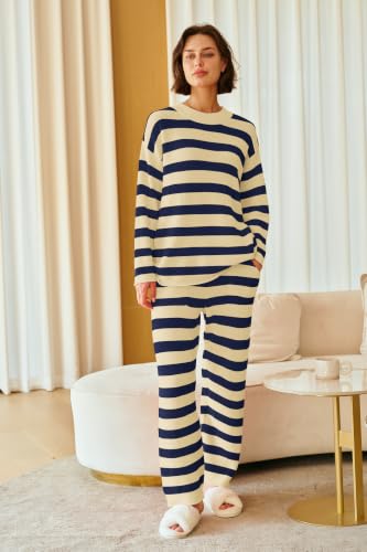 Image of SENSERISE Womens Striped Set Sweater Lounge Sets | Pajamas Set, Loungewear Set, Oversized Knit Sweater, Wide Leg Pants with Pockets, Fall Outfits, Pants Set