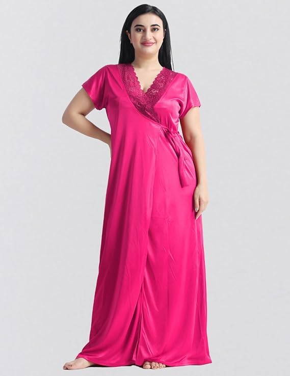 Image of Satin 6 Piece Nightwear Set, Coral Pink Lace Trim Sleepwear with Robe, Nighty, Top, Shorts, Lingerie Set for Women, Summer Collection-Mehndi Green.