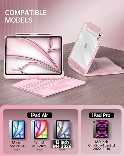 Image of Intermerge Keyboard Case for iPad Air 13-inch (M4 / M3 / M2, 2026 /2025 /2024), 360 Rotating Multi-Touch Trackpad, 7-Color Backlit Keyboard, Compatible with iPad Pro 12.9-inch (3rd /4th /5th /6th Gen), Pink