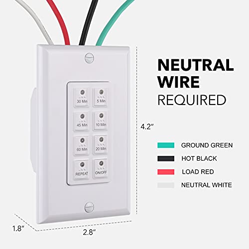 Bn-Link Countdown Digital In-Wall Timer Switch With Push Button 5-10-20-30-45-60Mins, For Bathroom Fan,In-Wall Light Timer, Neutral Required, Free Plate, White #TOP2