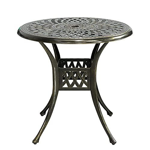 MEETWARM 31" Round Patio Bistro Table, Outdoor Cast Aluminum Small Dinning Table with 2" Umbrella Hole, Dark Bronze