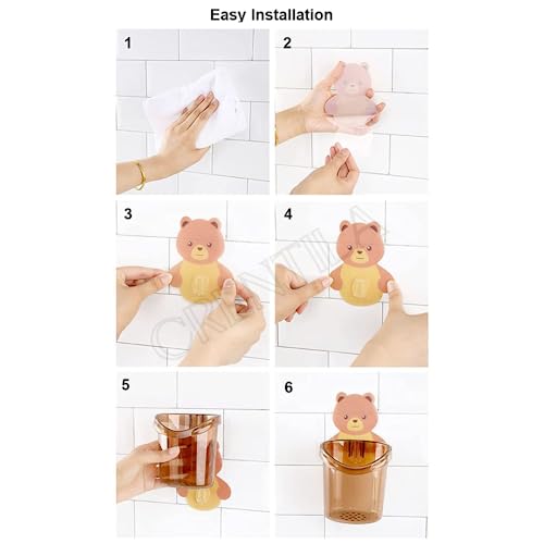 Image of Pack of 1 Toothbrush Holder Plastic Stand for Toothpaste, Comb, Brush, Cream,Razor Holder Lotion Kids Bathroom Cup Drain Waterproof Sturdy Self Adhesive,Teddy Bear - AB3655