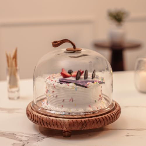 Image of Dessert Deck acacia Wood Cake Stand with Glass Dome | Round Wooden Cake Stand | Serving Plate for Wedding Birthday Parties | Pastry Display