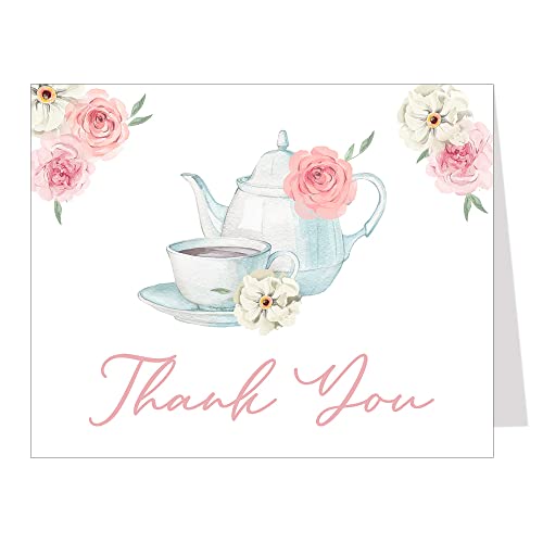 The Invite Lady Tea Party Thank You Cards Bridal Shower Pink English British High Tea Cup Floral Flowers Cake Cookies Brunch Luncheon Folding Cards (24 Count) #TOP8