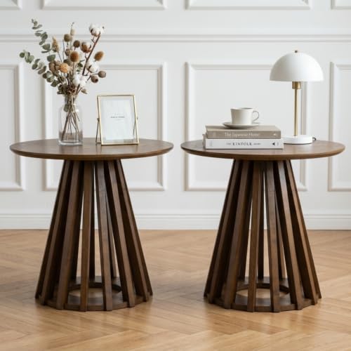 Image of Walnut Round Fluted Small End Table Set of 2, 19.7 inch Side Table Nightstand