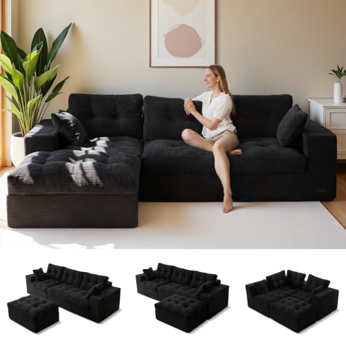 Image of MAXYOYO 96 inch L Shaped Modular Sectional Sofa with Ottoman, Cloud Boneless Couch with Layered Cushion, Upholstered Sofa in a Box, Flexible Module Combination for Living Room, No Assembly, Black