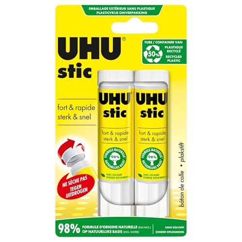 UHU Stic - Bâton de Colle Sans Solvants - Colle Enfant, Loisirs Créatifs, Bureau, Maison, École - Blanche - Fournitures de Bureau - Lot de 2 Stics de 21 g