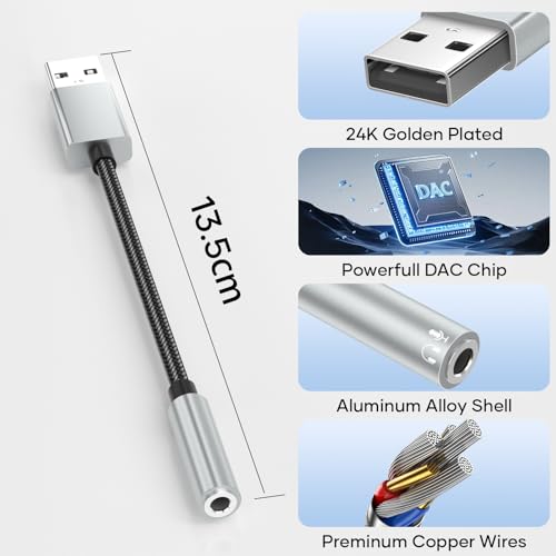 Tanzato USB auf 3,5 mm Klinke Aux Adapter, Externe USB A Soundkarte auf 3,5 mm Aux Stereo Konverter Adapter, Kompatibel mit Kopfhörer, PC, Laptop, Linux, Desktop, PS4