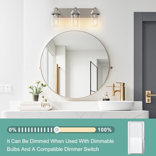 Image of Brushed Nickel Bathroom Light Fixtures, 3 Lights Bathroom Lighting Fixtures Over Mirror, Square Design & Rectangle Large Backplate, Modern Vanity Lighting Fixtures, for Living Room /Bedroom