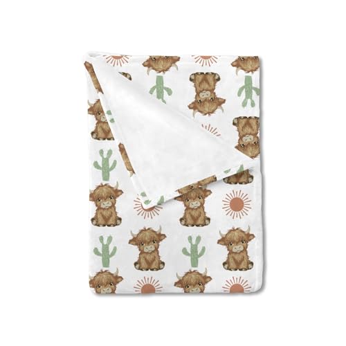 Image of HawSkgFub Boho Highland Cow Cactus Sun Baby Blankets Boy Girl Shower Gift, Western Flannel Fleece Nursery Bed Receiving Swaddle, Soft Warm Lightweight Newborn Infant Toddler Kids Crib Bedding 30 x 40