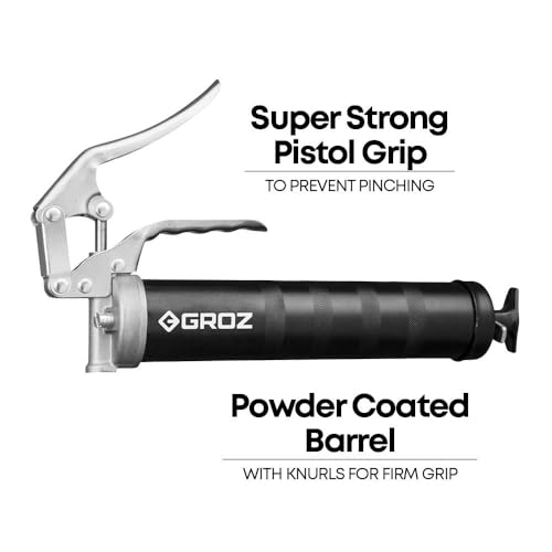 Image of GROZ Pistol Grip Grease Gun with aluminum die cast head & tough barrel| One hand operation| Discharge upto 0.50 gm /stroke. | Cartridge & bulk fill | Comes with 4 inch steel extension & coupler | G5R /B