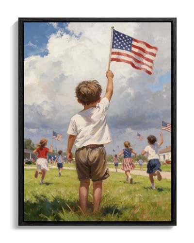 Image of American Flag Framed Canvas Wall Art, 4th of July Canvas Prints, Boy Holding USA Flag Patriotic Decorations, Modern Independence Day Wall Decor for Living Room Kids Room Dining Room Office 6x8