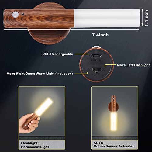 2 Pcs Motion Sensor Night Light Magnetic Wall Light 2 Pcs Usb Led Lights Rechargeable Stick Wireless Stair Indoor Wooden Wall Sconces With Large Battery For Hallway Stairway (Dark Brown) #TOP1