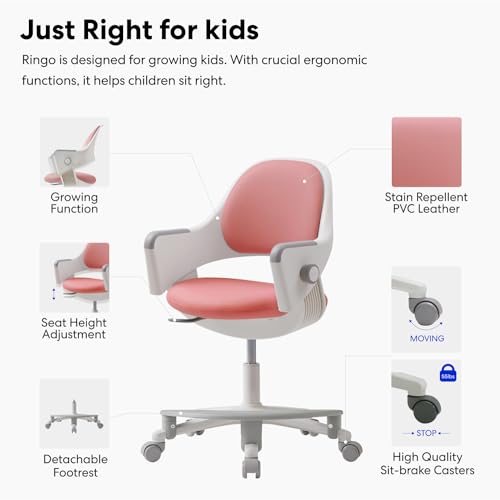 SIDIZ Ringo Kids Desk Chair : Ergonomic Kids Chair with Footrest, 4-Step Growing Function, Adjustable Seat Height, Sit-Locking Casters, Swivel Type (Rosy Pink) - Image 3