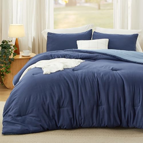 Image of Bedsure Queen Comforter Set, Navy Blue Soft Prewashed Bedding for All Seasons, 3 Pieces GentleSoft Bed Set, 1 Lightweight Comforter (90 inchx90 inch) and 2 Pillowcases (20 inchx26 inch)