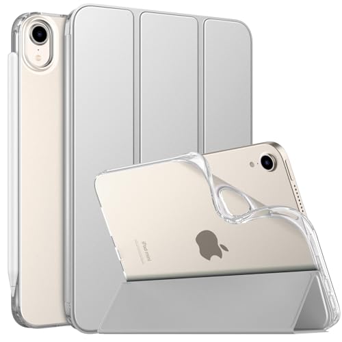 Housse iPad Mini 7 2024 pour le voyage, coque arrière souple translucide argent en déplacement