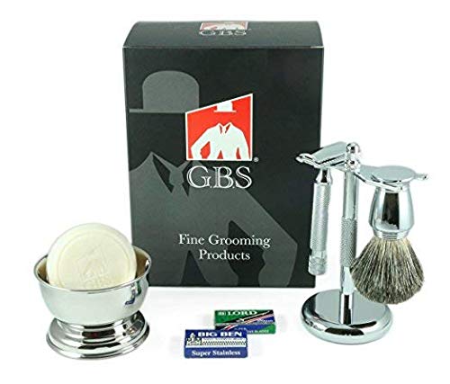 G.B.SMen's Shaving Set- Double Edge Safety Razor MK 38 Made in Soligen Germany, Shaving Brush, Dual Stand, Chrome Shaving Bowl, Natural Shave Soap, Double Edge Safety Razor Blades