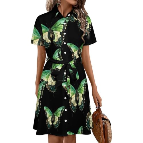Robe chemise femme verte légère anti-chaleur motif papillon