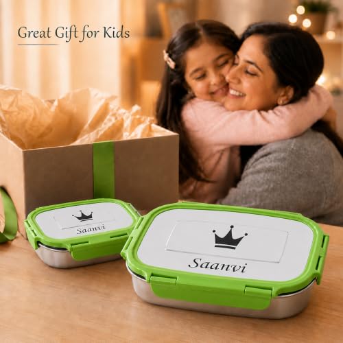 Image of SAVRI Personalized Stainless Steel Lunch Box Set with Name & Character Engraved - Big Tiffin with Small Box - Perfect for Kids, Birthdays, Return Gifts, School Use - (Green)