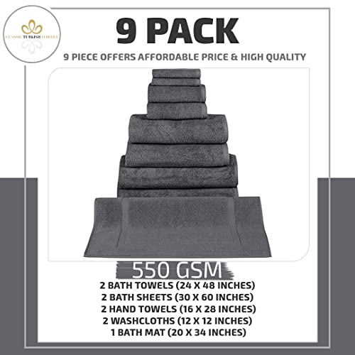 Classic Turkish Towels - Premium Cotton Quick-Dry 9 Pc Bath Towel And Bath Mat Set - Soft, Lightweight, Bathroom Towels Made With 100% Turkish Cotton (Grey) #TOP1