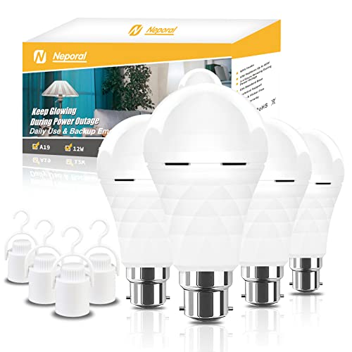 Wiederaufladbare Notfall-Glühbirne A19 B22 Bajonett-Glühbirne mit batteriebetriebenen LED-Leuchtmitteln, 1200 mAh, 12 W, 60 W, entspricht 5000 K, mit Haken für Zuhause, Lampe, Campingzelt Cover