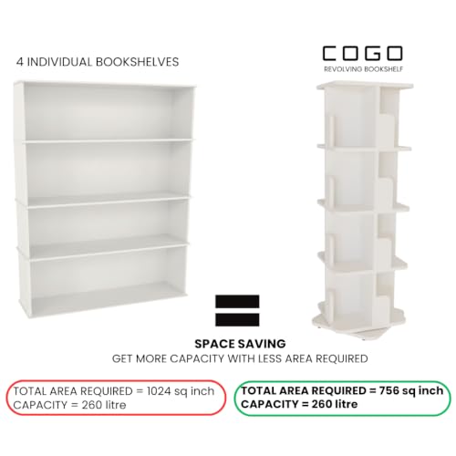 Image of COGO 4 Tier Revolving Bookshelf | 360 Smooth Revolve Mechanism | 52 x 18 x 18 inch | 130 Books Capacity | 17 mm Engineered Wood | Bookcase | Showcase | Do-It-Yourself | Colour: White