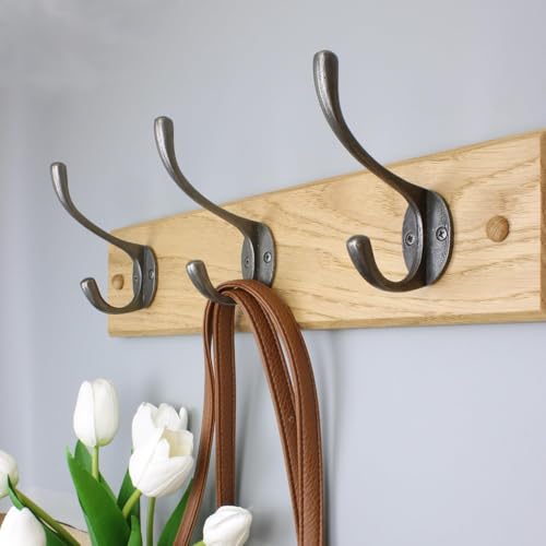 Handcrafted Solid Oak Coat Rack with Cast Iron Hooks 900mm - 6 Hooks
