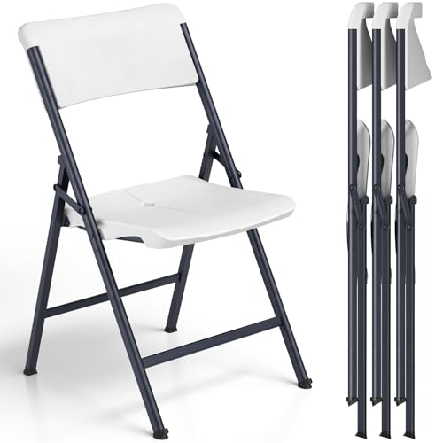 MAKE CHANGES Folding Chair 4 Pack, Portable Heavy Duty Foldable Chair Plastic Seat with Steel Frame for Indoor and Outdoor, Dinning, Party, Wedding, Office, Patio, Garden, White