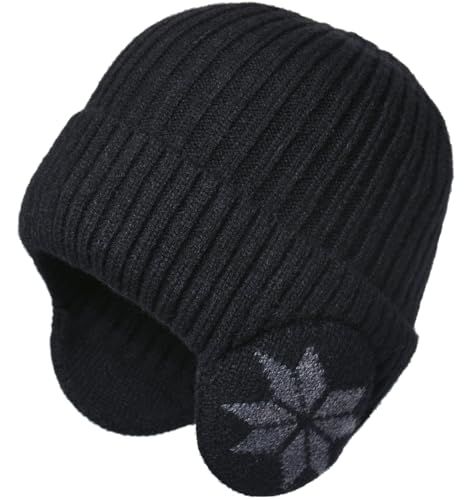 Malaxlx Noir Bonnet d'hiver en Tricot pour Homme Femme avec Cache Oreille - Doublé en Polaire épais - Bonnet de Ski Chaud