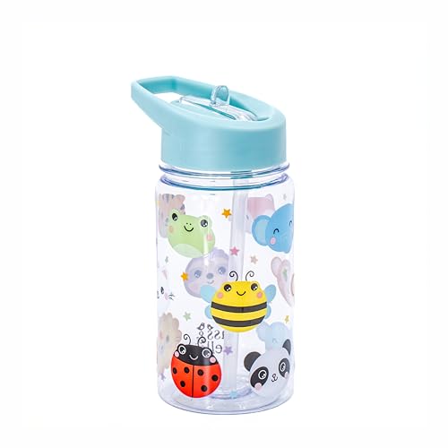 Sass & Belle Kawaii - Botella de agua para niños, 400 ml, reutilizable, sin BPA, con tapa abatible y pajita, divertido estampado animal para niñas y niños, a prueba de fugas, ligera, apta para
