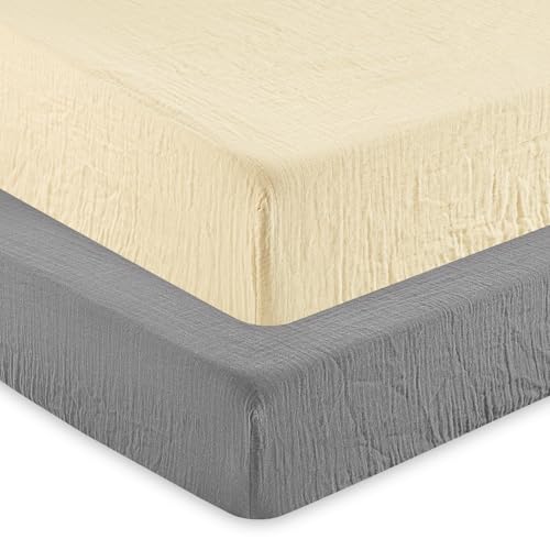 Image of david's kids Muslin Crib Sheets for Boys Girls, 2 Pack 100% Cotton Soft Breathable Fitted Baby Sheet Set, 28x52 Inch Fits Standard Crib and Toddler Mattresses, Beige & Grey