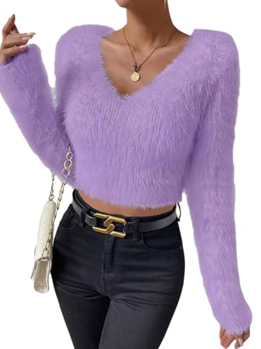 VAGIFOD Women's Fuzzy Fluffy Long Sleeve V Neck...