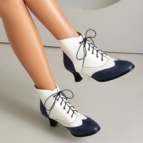 BEAUPAS Women's Vintage Lace-Up Oxford Ankle Boots Kitten Heel Brogue Wingtip4