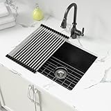 Sarlai Black 24 Inch Undermount Laundry Sink Granite Composite - 12 Inch Deep Utility Laundry Sink 24x18 Matte Black Granite Kitchen Sinks Undermount Quartz Classic Under Counter Single Bowl Basin