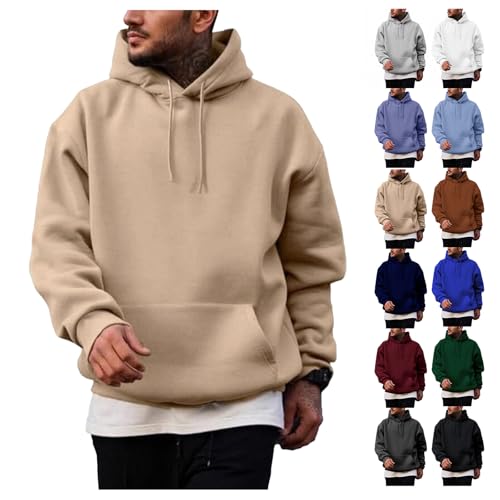 Men's Fleece Lined Hooded Sweatshirt Comfort Fit Long Sleeve Soild Color Drawstring Pullover Top with Pocket4