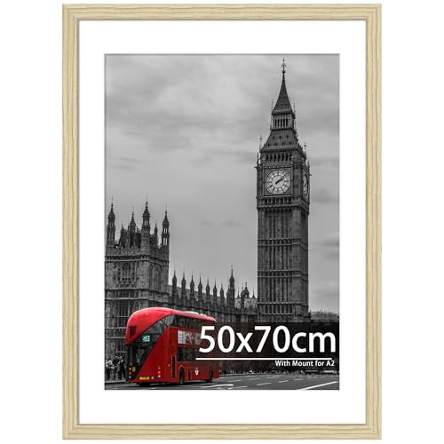 Tinkeps 50x70cm Oak Wood Frame, Engineered Wood and Plexiglass, Picture Frames 50cm x 70cm with Mount for A2 Prints, Photos, and Posters, Wall Mountable