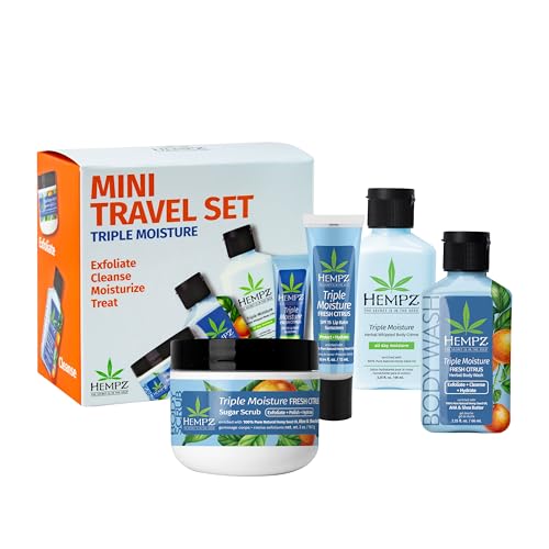 Hempz Mini Sweet Treats, Travel Kit, Mini Body Wash, Body Lotion, Body Scrub and Lip Balm, Triple Moisture Scent, 4 Piece Gift Set