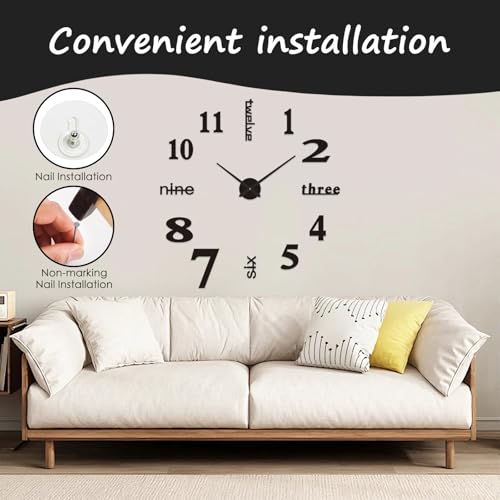 YIQILAIYA DIY Reloj Pared Grande de Diseño Moderno 50cm, Negro 3D Gran Reloj de Pared Espejo Adhesivo Metal Silencioso de 60 a 90cm para Dormitorio, Cocina, Salón, Oficina, Hotel - imagen 4