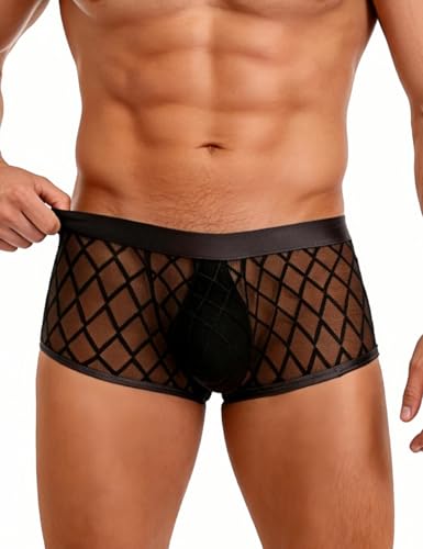 ohmydear Boxer Homme Sexy Transparent Caleçon en Mesh avec Ceinture Élastique Boxers Hipster Ajustés Losange Mini Short Grande Taille sous-Vêtements Tenue Sissy...