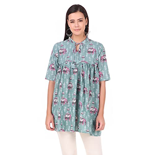 Image of Soulful Threads Women Powder Blue Printed Cotton Kurti (ST152962)
