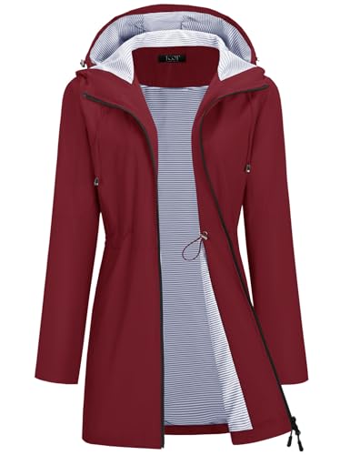 TCOT Rain Jackets for Women Waterproof Raincoat Long Hooded Trench Coats Lined Windbreaker Hiking Travel Jackets Red L